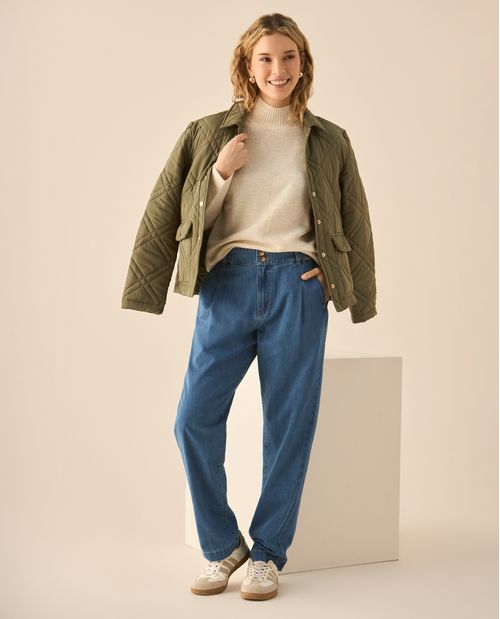 Jean tono medio con pretina lisa para mujer