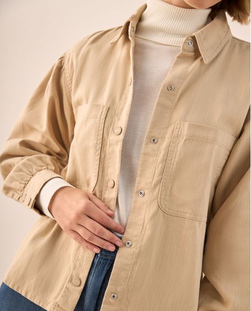 Chaqueta Beige con Puños Elásticos y Bolsillos