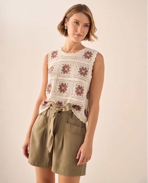 Camisa Crochet Artesanal con Cuadros Florales