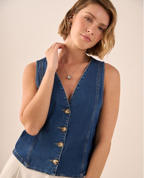 Chaleco Denim con Botones de Madera Natural