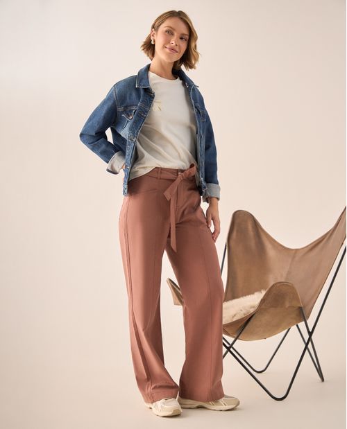 Pantalón Wide Leg con Cinturón Marrón