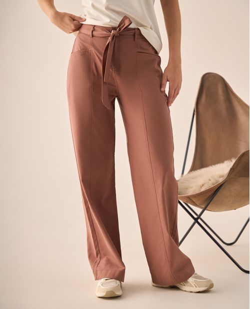 Pantalón Wide Leg con Cinturón Marrón