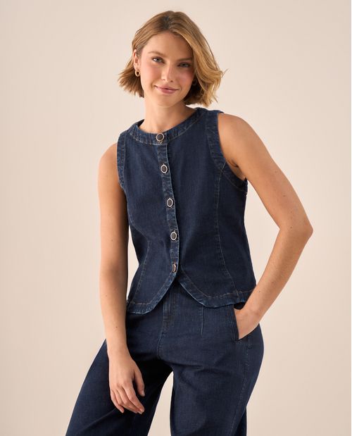 Camisa Denim Sin Mangas con Botones Ovalados