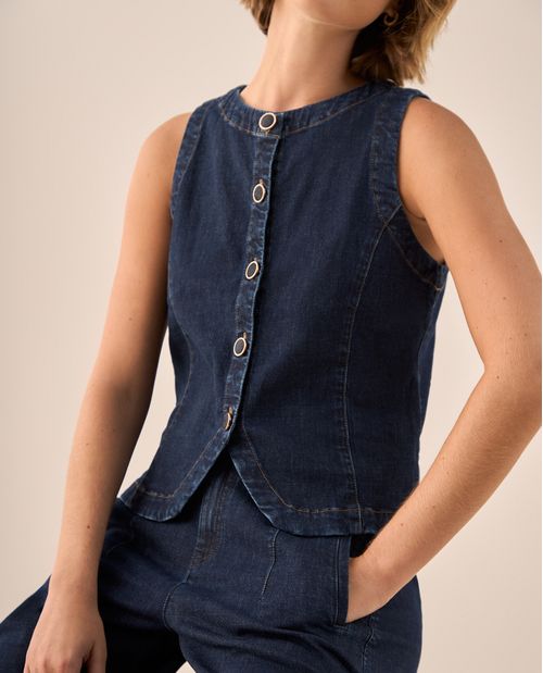 Camisa Denim Sin Mangas con Botones Ovalados