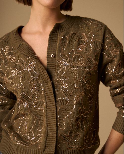 Cardigan Verde con Lentejuelas Doradas
