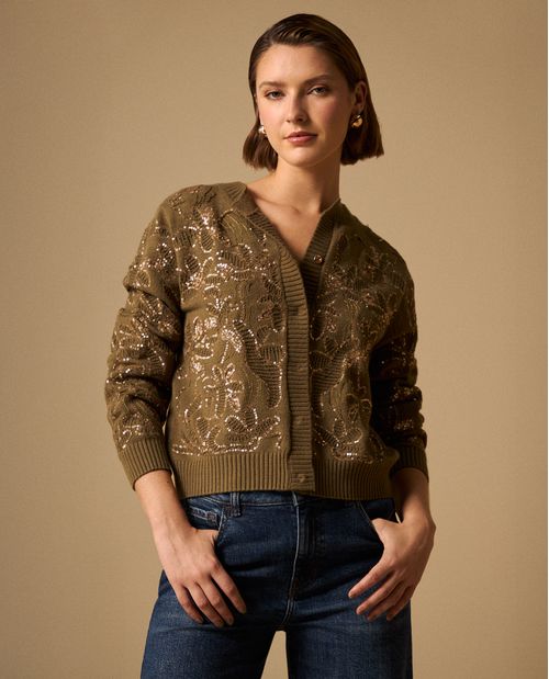 Cardigan Verde con Lentejuelas Doradas