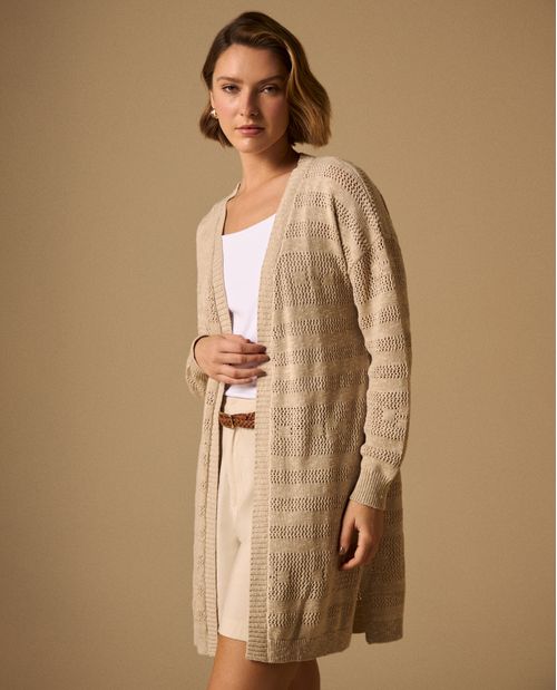 Cardigan Largo con Tejido Calado Geométrico