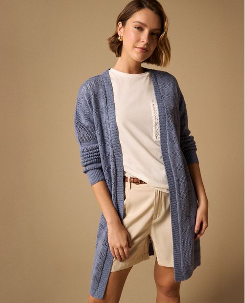 Cardigan Largo con Tejido Calado Geométrico