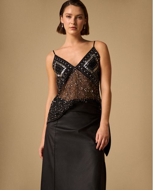 Camisa Negra con Lentejuelas y Transparencias