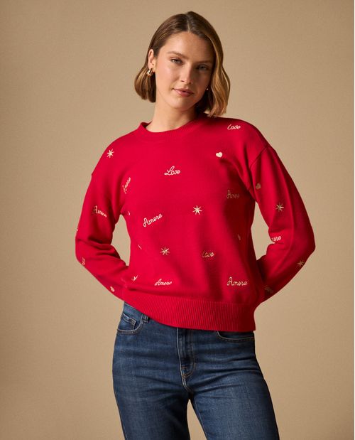Suéter Rojo con Bordados Love y Estrellas