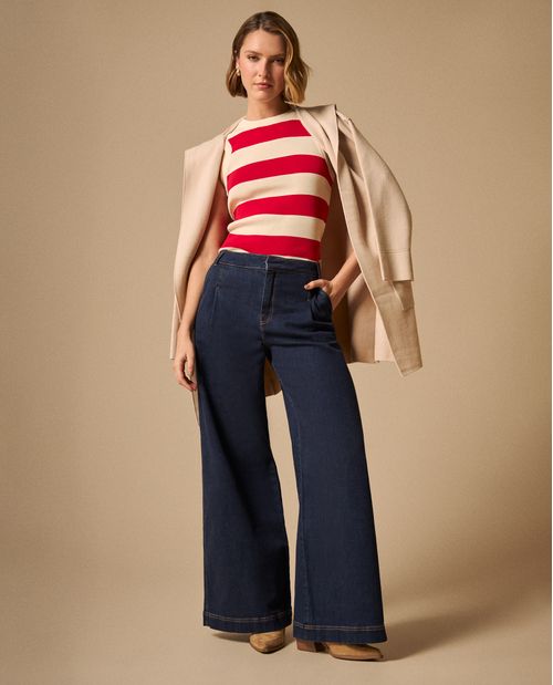Jean Wide Leg Azul Oscuro con Costuras Doradas