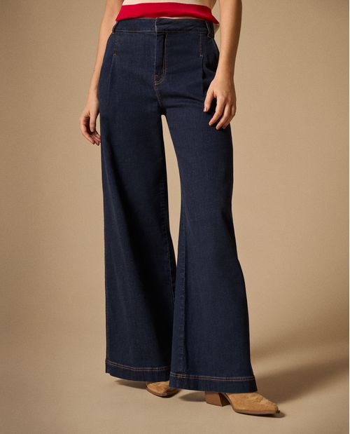 Jean Wide Leg Azul Oscuro con Costuras Doradas