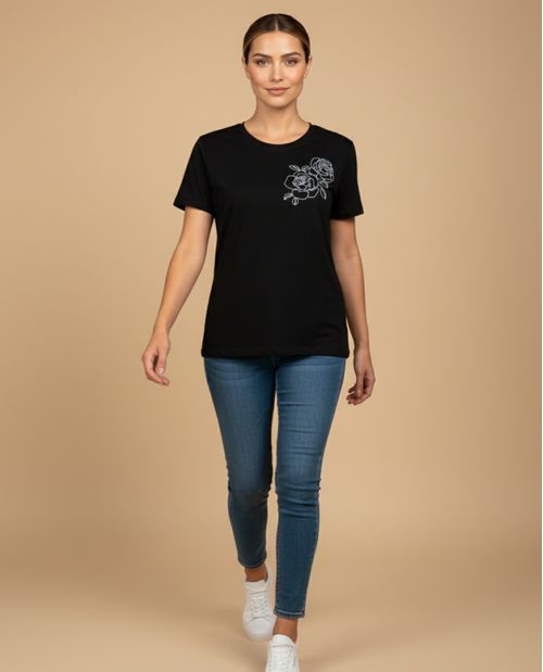 Camiseta manga corta con bordado floral para mujer