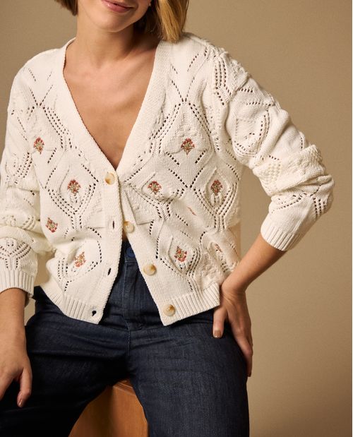 Cardigan Tejido Calado con Bordados Florales