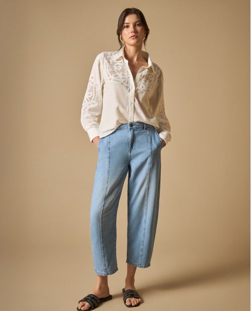 Pantalón denim wide leg cropped para mujer