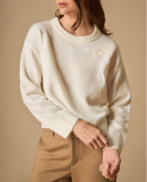 Suéter cuello redondo con bordados florales para mujer