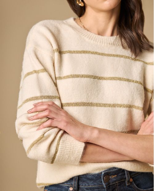 Sweater cuello redondo con rayas metalizadas para mujer