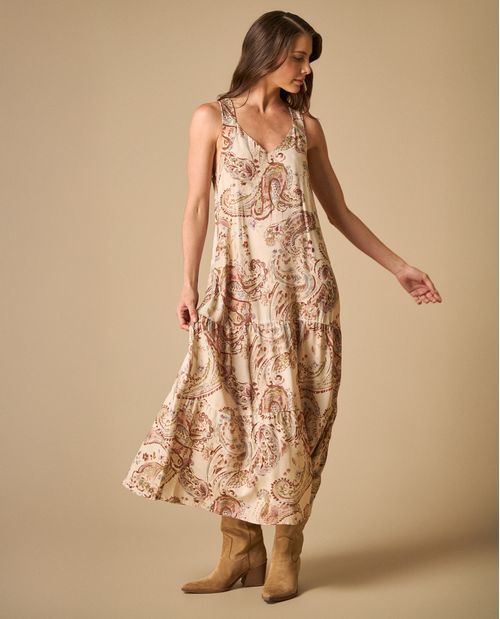 Vestido largo con estampado paisley y escote en V para mujer