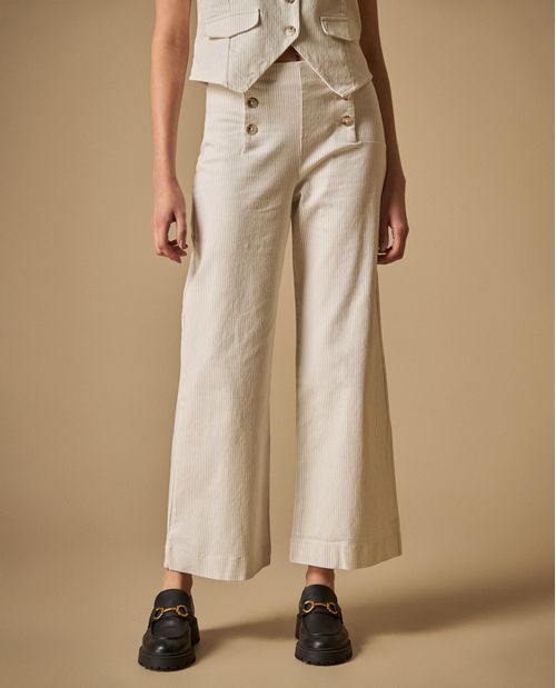 Pantalón wide leg tiro alto con botones decorativos para mujer