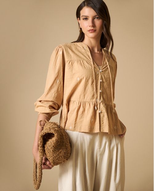 Camisa mangas abullonadas con fruncidos para mujer