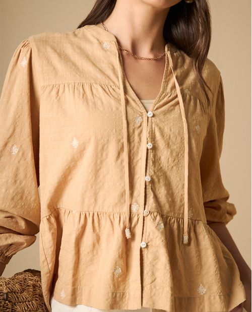 Camisa mangas abullonadas con fruncidos para mujer