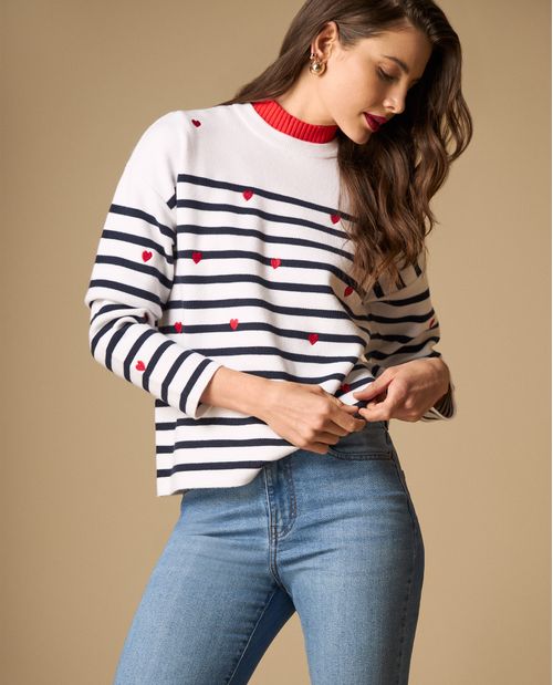 Camiseta tejida manga larga con rayas y estampado