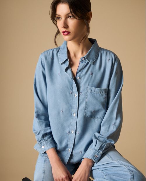 Camisa manga larga con estampado de puntos para mujer