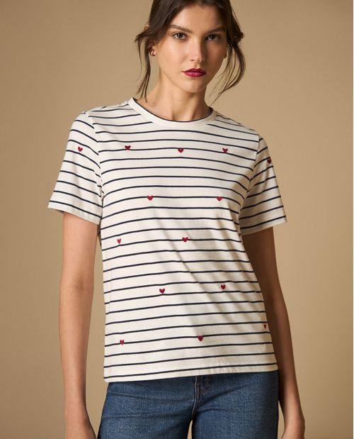 Camiseta rayas con estampado de corazones para mujer