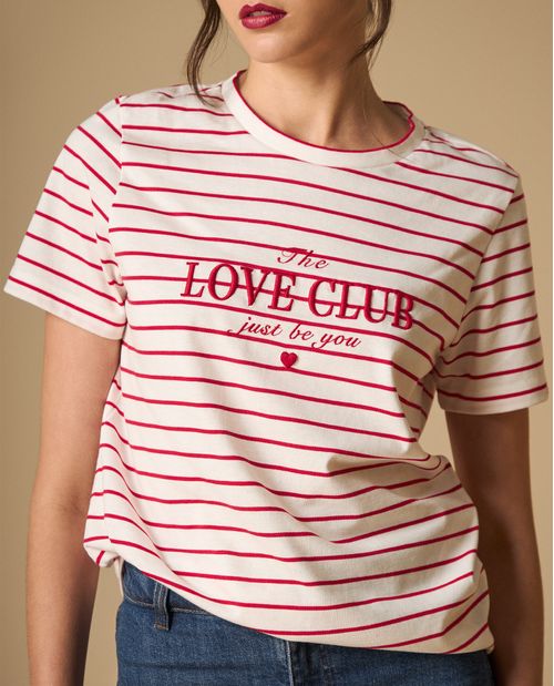 Camiseta rayas con estampado de corazones para mujer