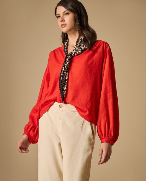 Camisa manga abombada con cuello estampado para mujer