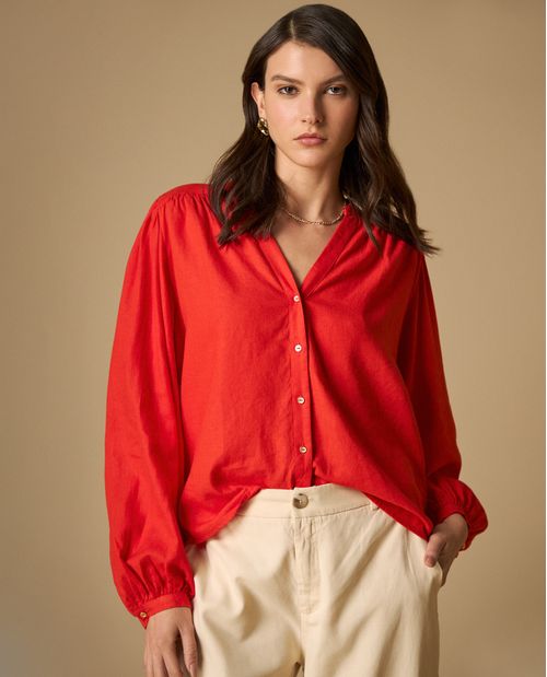 Camisa manga abombada con cuello estampado para mujer