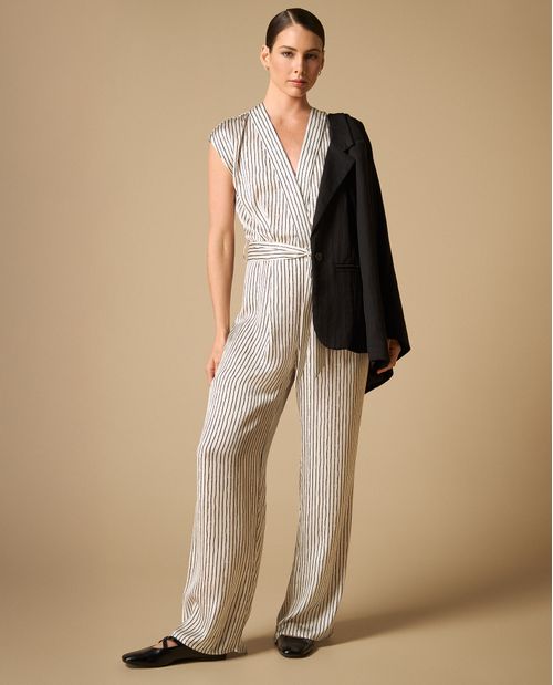Jumpsuit cruzado a rayas con cintura ajustable para mujer