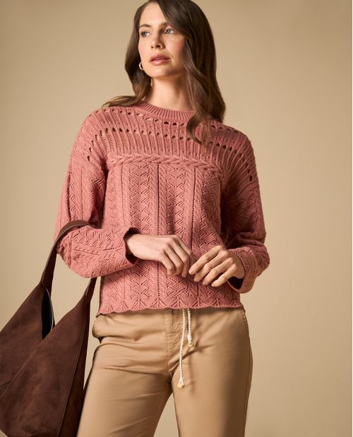Suéter tejido con patrones de trenzas para mujer