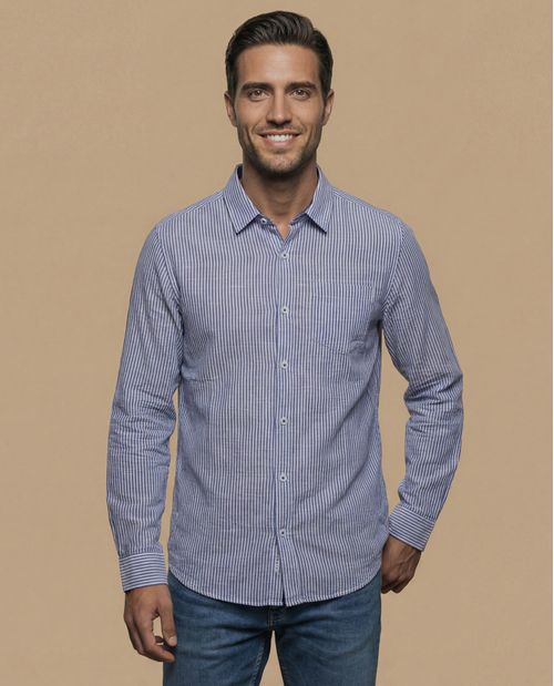 Camisa manga larga con rayas verticales y bolsillo para hombre