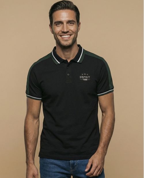 Polo manga corta con paneles a contraste y ribetes a rayas para hombre