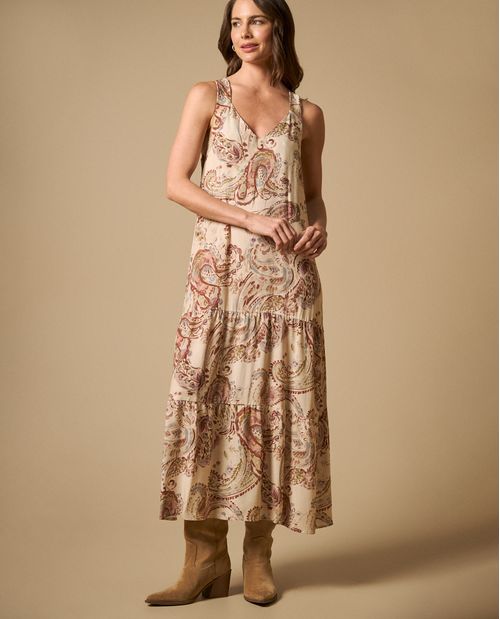 Vestido largo con estampado paisley y escote en V para mujer