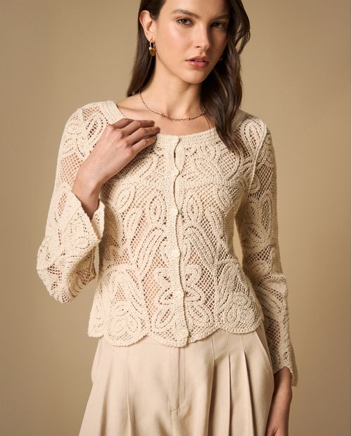 Camisa tejida con patrón calado para mujer