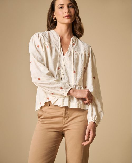 Camisa mangas abullonadas con fruncidos para mujer