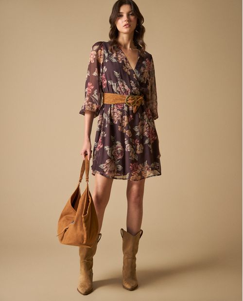 Vestido cruzado manga tres cuartos con estampado floral