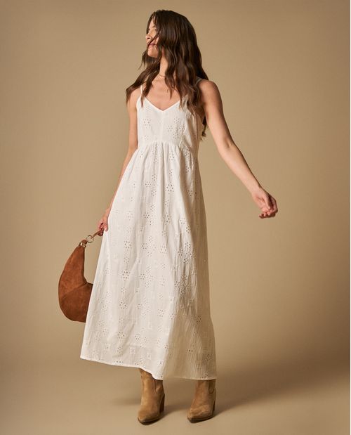 Vestido largo con bordados perforados y tirantes ajustables para mujer