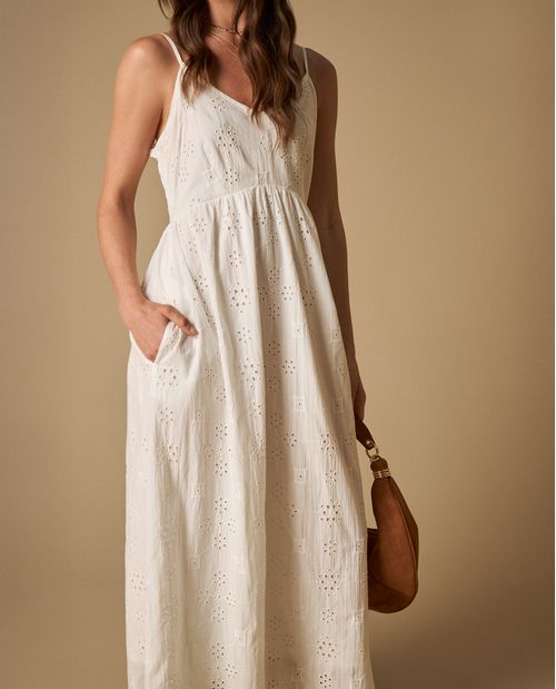 Vestido largo con bordados perforados y tirantes ajustables para mujer