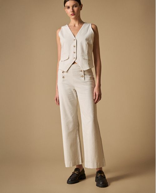 Pantalón wide leg tiro alto con botones decorativos para mujer