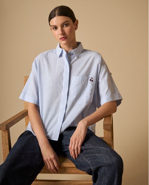 Camisa manga corta de rayas con bordado para mujer