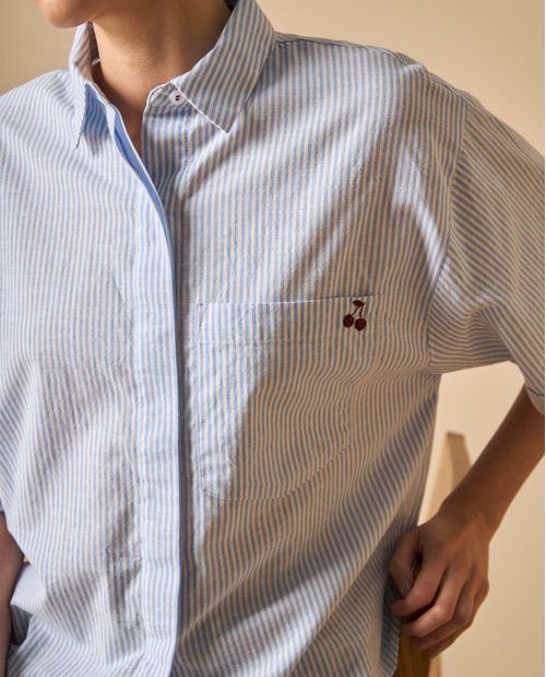 Camisa manga corta de rayas con bordado para mujer