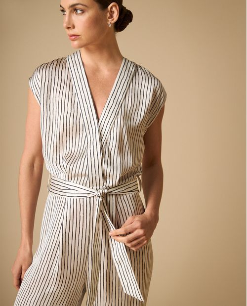 Jumpsuit cruzado a rayas con cintura ajustable para mujer