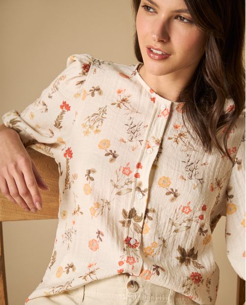 Camisa manga larga con estampado floral y cuello mao para mujer