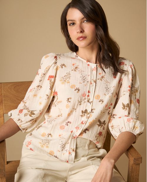 Camisa manga larga con estampado floral y cuello mao para mujer