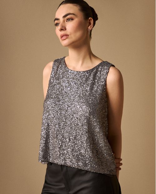 Blusa Lentejuelas Gris Plateado Sin Mangas