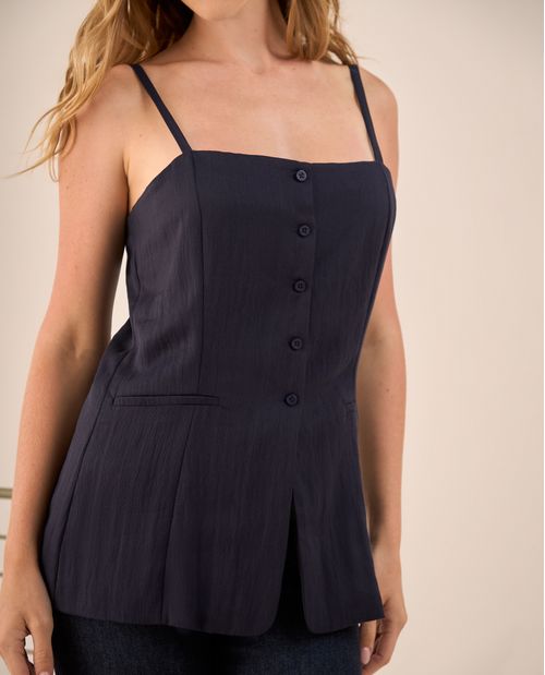 Top Azul con Tirantes y Corte Peplum