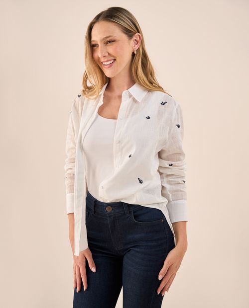 Camisa con Bordados Florales Azules